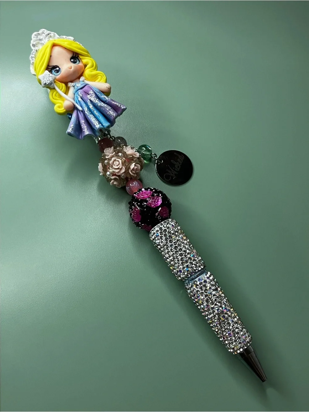 Glinda Clay Doll with Wicked Charm Rhinestone Handmade Beaded Pen